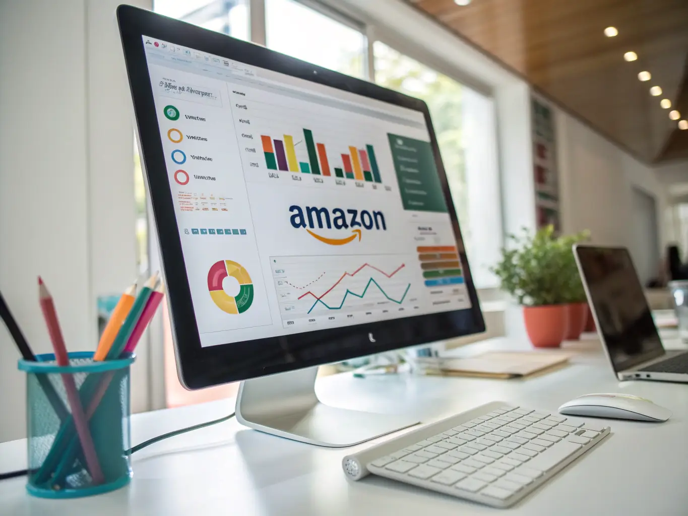 A professional photograph of an Amazon seller account dashboard, highlighting key performance indicators and sales metrics, symbolizing comprehensive account management.